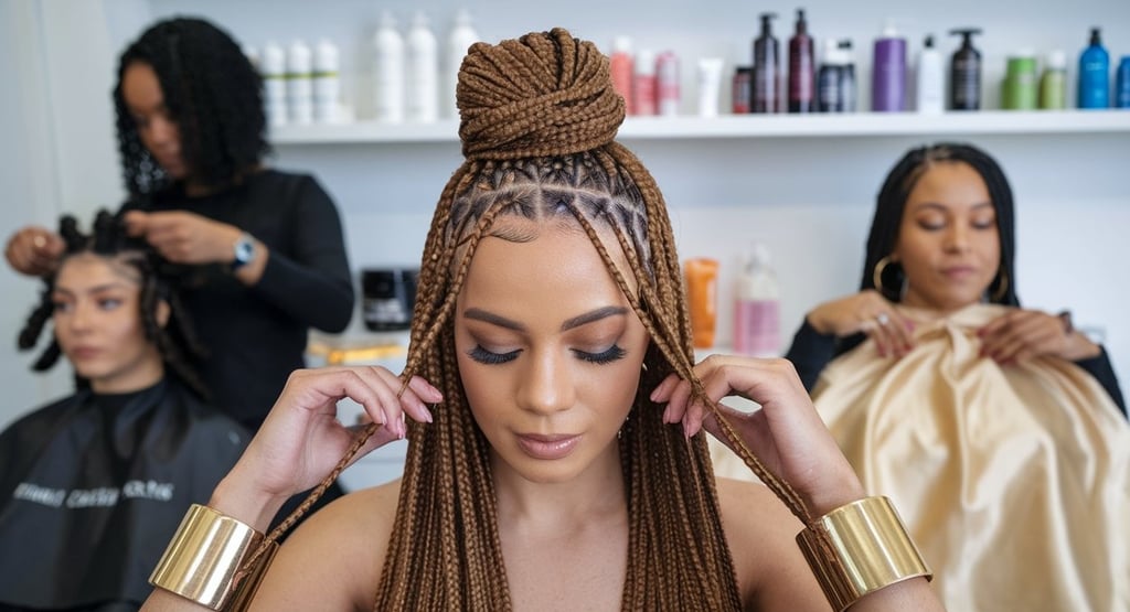 A well-lit, close-up shot of a woman with waist-length, sleek knotless braids styled into a half-up, half-down bun, with gold