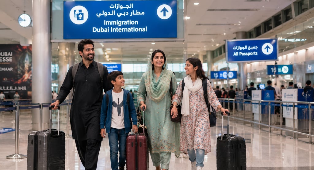 Pakistani family arriving at Dubai International Airport with luggage (2026)