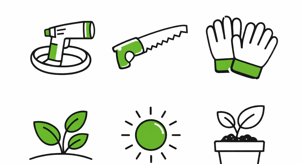 Minimalist outdoor and garden icon set featuring watering can, trowel, garden kneeler,
