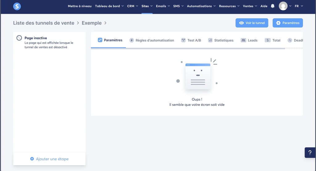 Page de paramétrage du tunnel