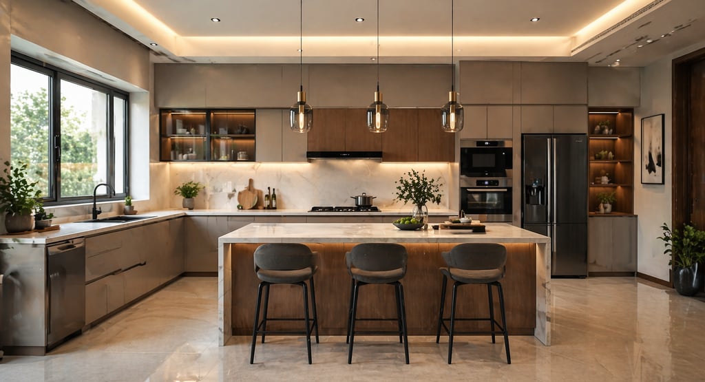 Modern kitchen with a marble waterfall island, pendant lights, and integrated appliances.
