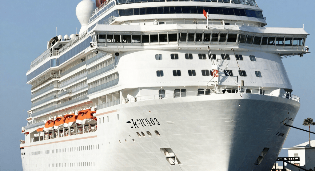 A vibrant cruise ship sailing past turquoise Caribbean waters under a sunny sky.
