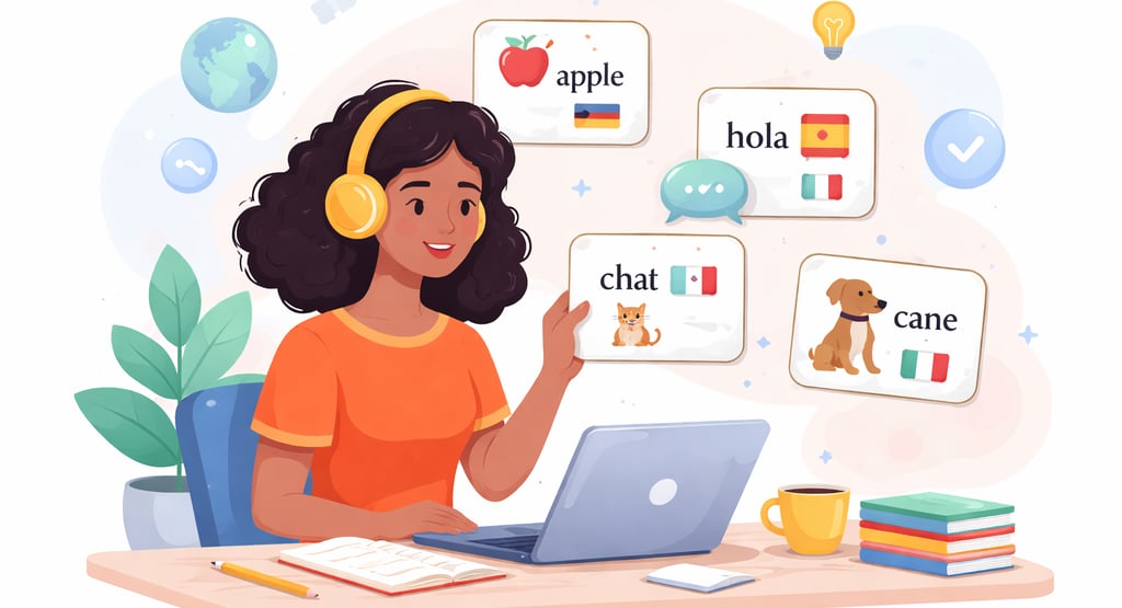 Illustration of a woman studying language flashcards at her desk. Floating flashcards, representing modern microlearning.