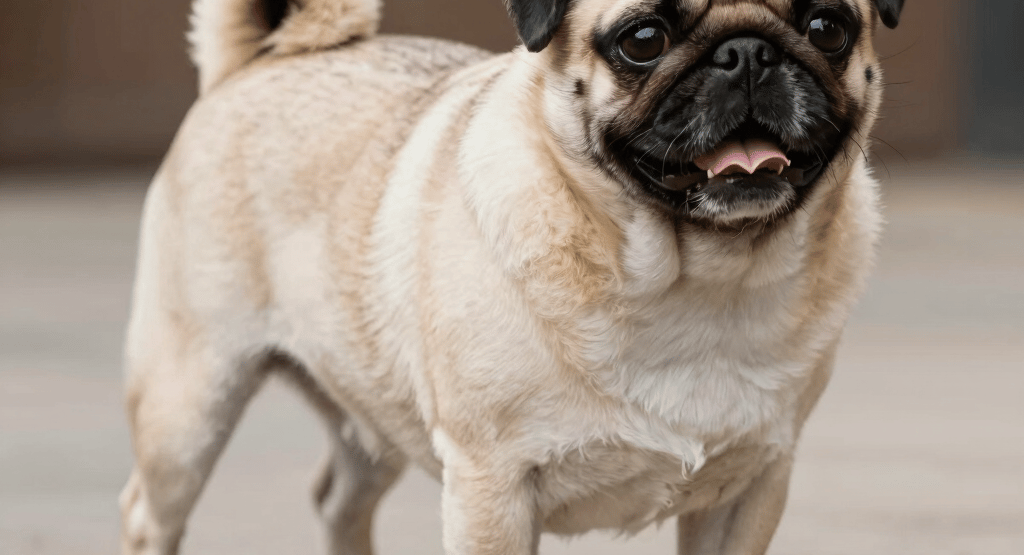black pug wearing striped apparel