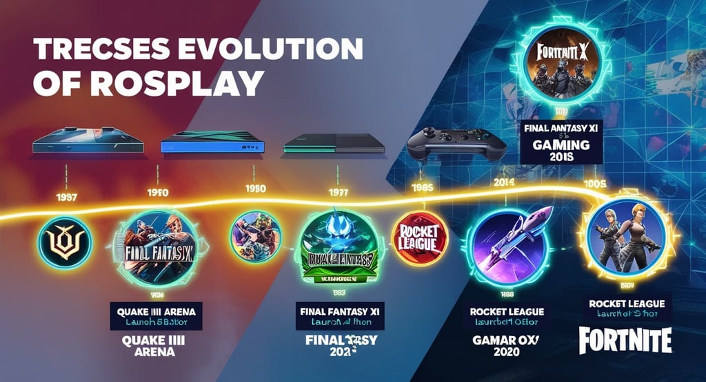 evolução do crossplay nos games, mostrando uma linha do tempo conectada por ícones holográficos