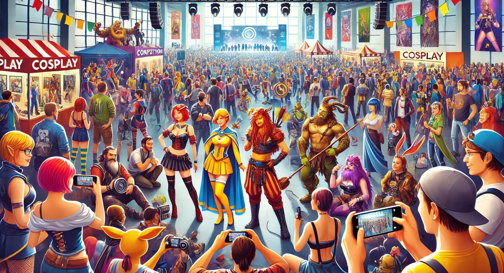 evento geek com cosplayers diversos interagindo, destacando inclusão e comunidade na cultura cosplay