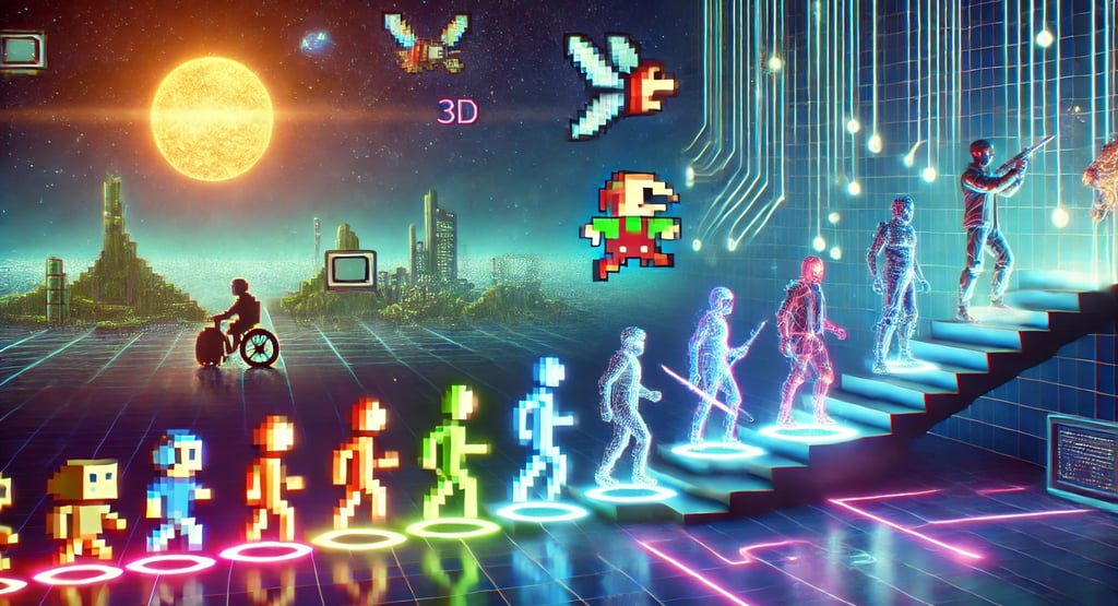 Ilustração da evolução dos jogos, mostrando personagens pixelados em 2D e transição para ambientes 3