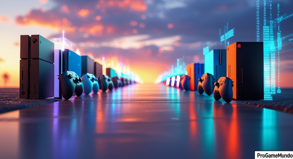 transição entre gerações de consoles, com Switch 1, PS4 e Xbox One à esquerda e Switch 2, PS5 e Xbox