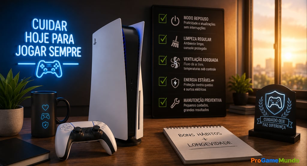 PS5 em mesa organizada com checklist de manutenção e iluminação ambiente.