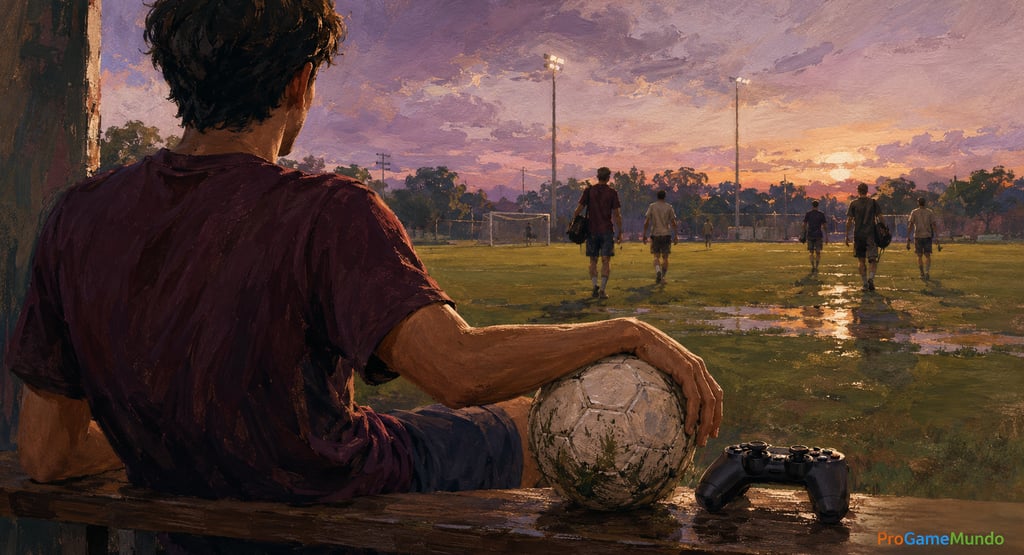 Jogador sentado com bola e controle diante de campo de futebol ao entardecer.