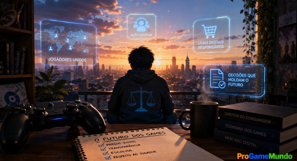 Jogador observa cidade futurista com símbolos de direitos digitais.