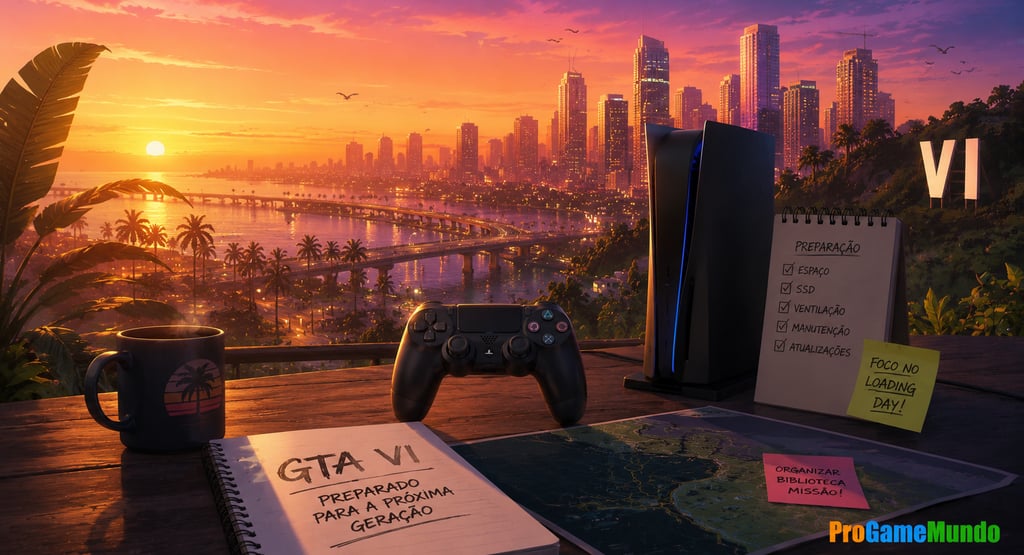Console e controle em mesa com checklist de preparação ao pôr do sol.