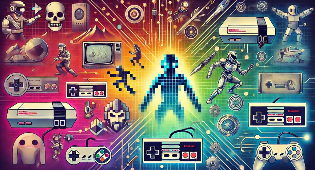 Colagem estilizada com personagens pixelados, consoles modernos e grid digital, simbolizando o legad