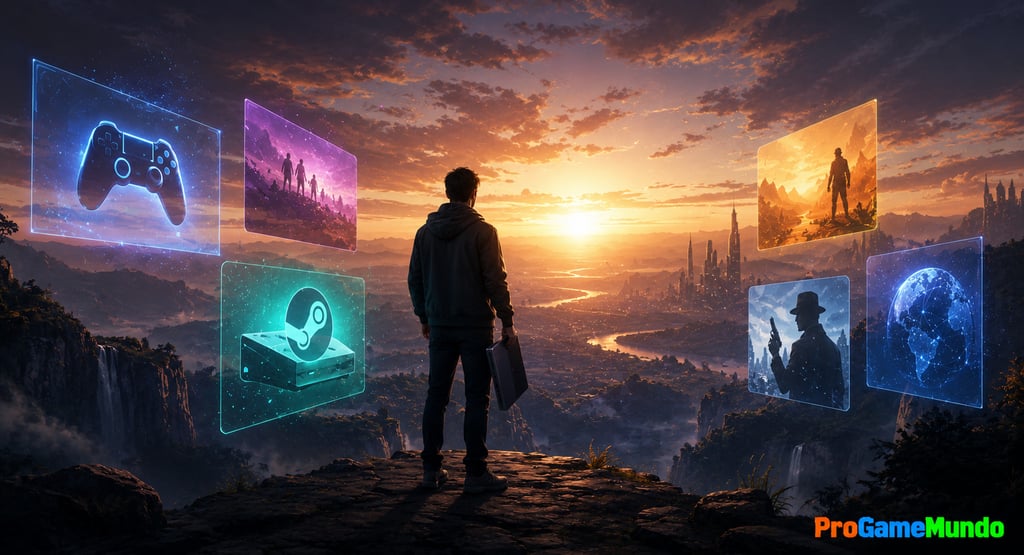 Jogador observa horizonte com painéis digitais sobre consoles e games.