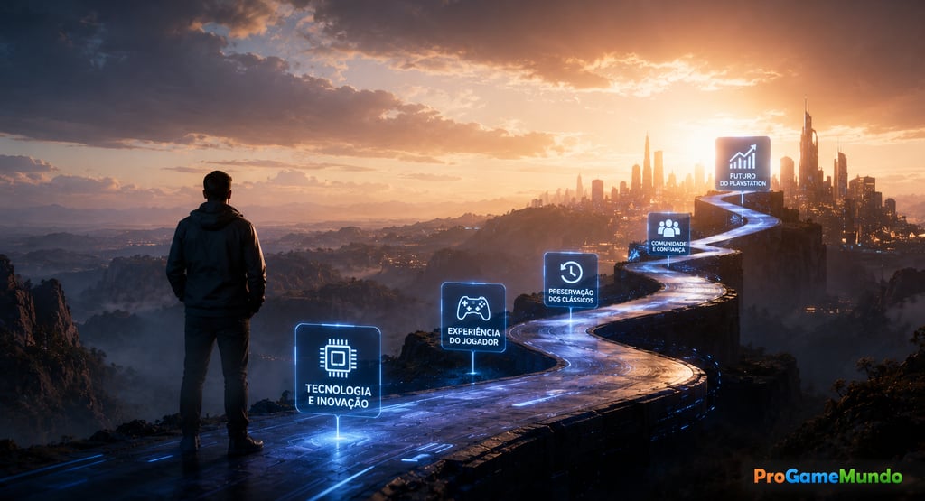 Caminho futurista com marcos sobre tecnologia e preservação de jogos.