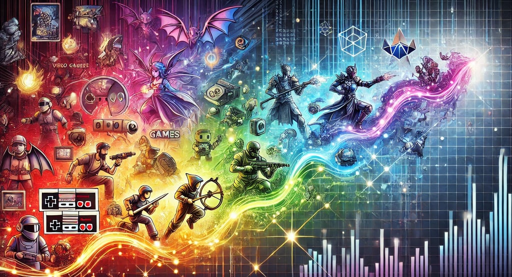 Ilustração mostrando a evolução dos gêneros de games, de visuais de arcades pixelados a RPGs e multi