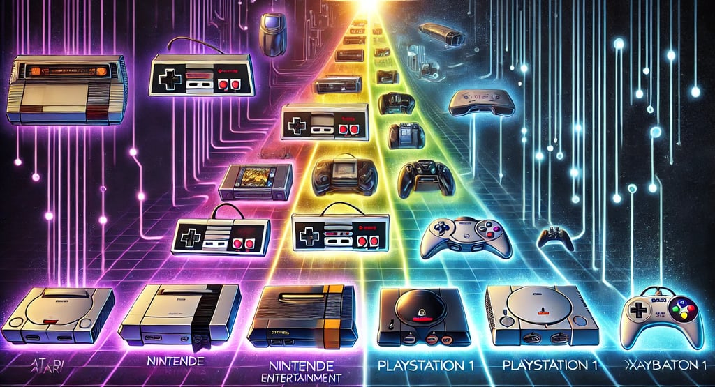 Linha do tempo com consoles icônicos: Atari, NES, Sega Genesis, PlayStation 1 e Xbox, simbolizando a