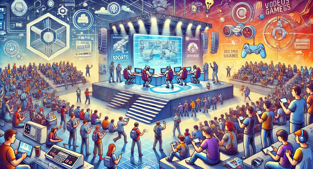 Ilustração de um torneio de eSports com jogadores no palco, uma tela grande e fãs representando o im