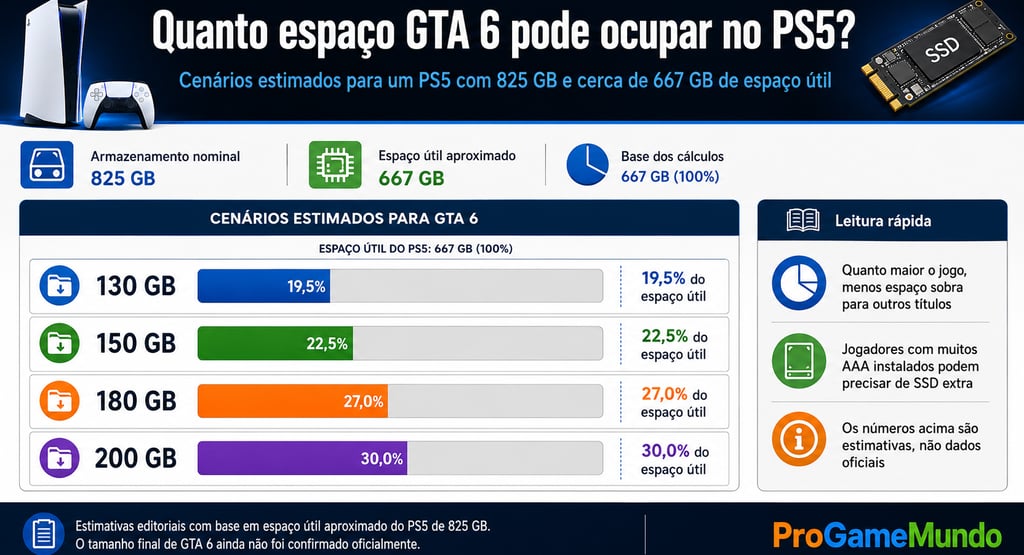 Infográfico mostra estimativas de espaço de GTA 6 no SSD do PS5.