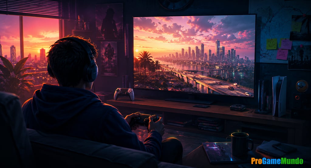 Jogador em frente à TV com cidade tropical exibida na tela.