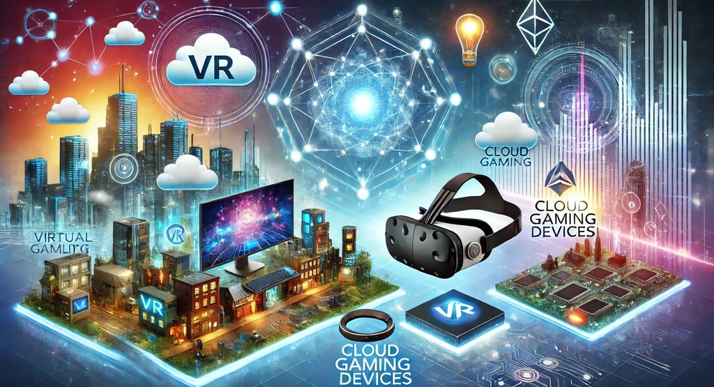 Ilustração futurista com tendências em games, incluindo realidade virtual, jogos em nuvem e blockcha