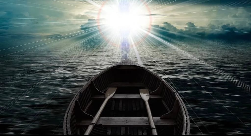 The Phenomenal Chocolate Box: How we experience the Unseen. A boat amid the ocean drifting towards a mysterious light