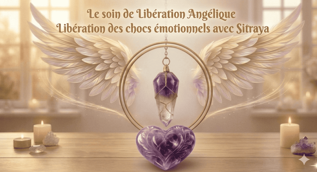 Soin de libération angélique avec pendule en améthyste et ailes d'ange pour la guérison émotionnelle.