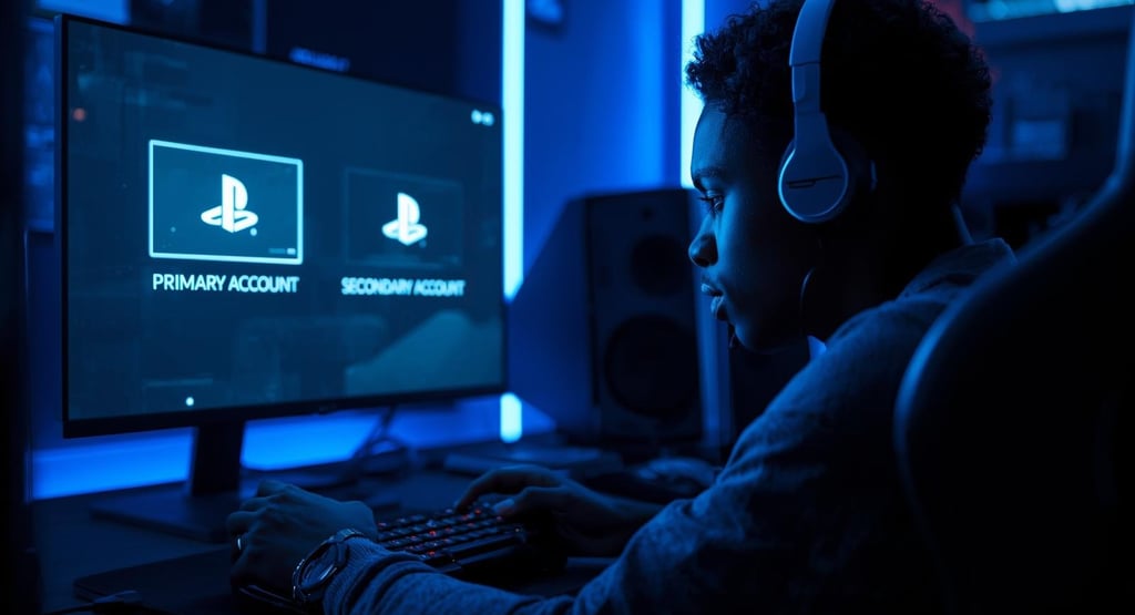 Gamer with white headphones selects a PlayStation primary account on a monitor in a blue-lit room.