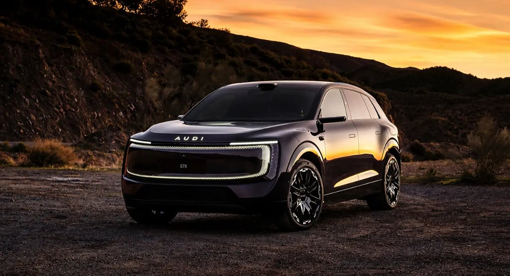 AUDI E7X 2027 SUV elétrico de luxo com 671 cv em cenário ao pôr do sol destacando design futurista
