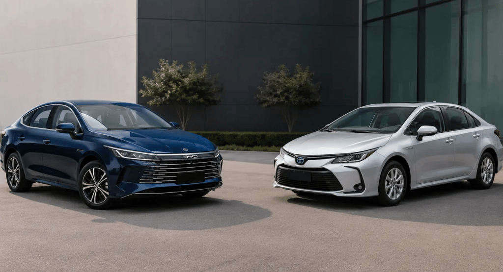 BYD King e Toyota Corolla Hybrid frente a frente em showroom externo moderno