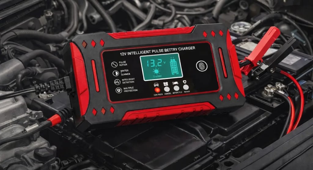 carregador de bateria 12v 6a inteligente conectado em bateria de carro com display digital ativo