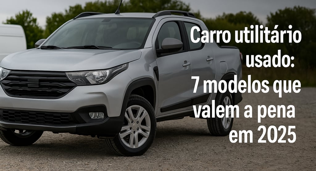 Imagem de capa com picape prata estacionada em estrada de terra, título “Carro utilitário usado: 7 m