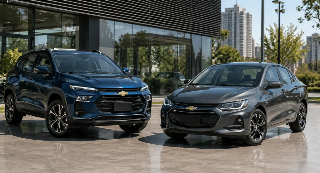 Chevrolet Tracker e Onix Plus em showroom externo urbano moderno