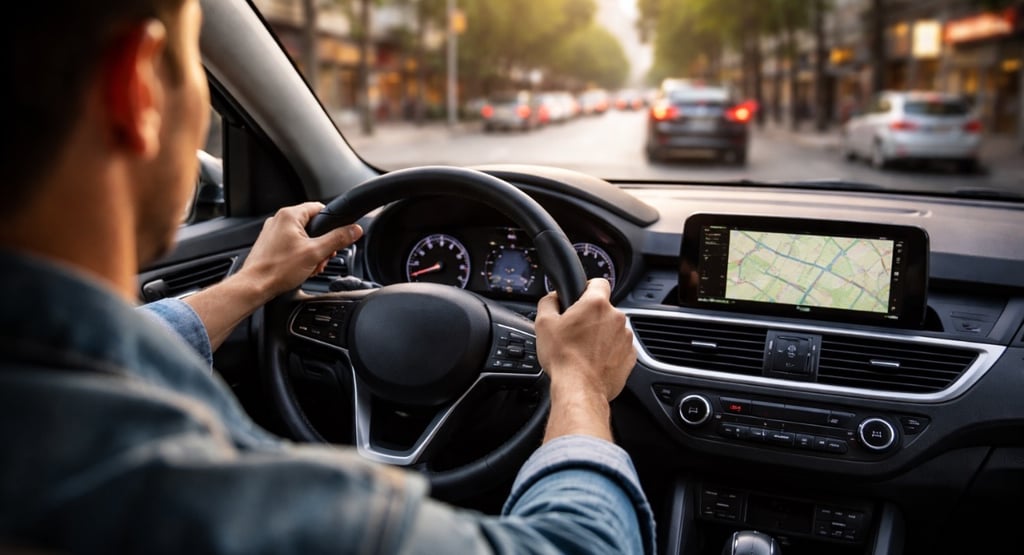 categoria B motorista dirigindo carro urbano com volante em destaque