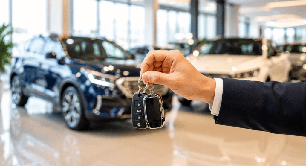 Mão segurando chave de carro em concessionária com veículos desfocados ao fundo.