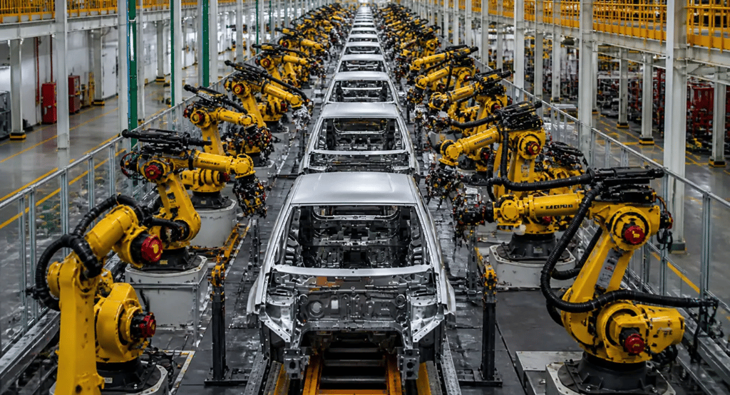 Linha de produção automatizada na indústria de carros da China com robôs montando veículos em larga 