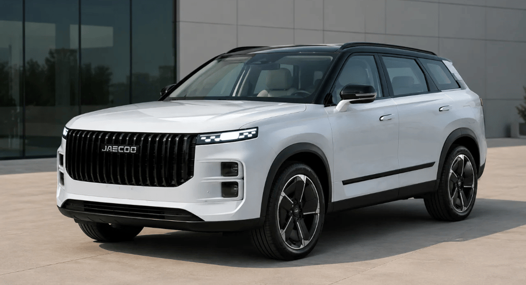 Jaecoo 7 Elite em showroom externo moderno com design frontal e acabamento premium