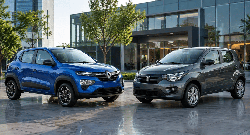 Renault Kwid e Fiat Mobi 2026 frente a frente em ambiente urbano moderno
