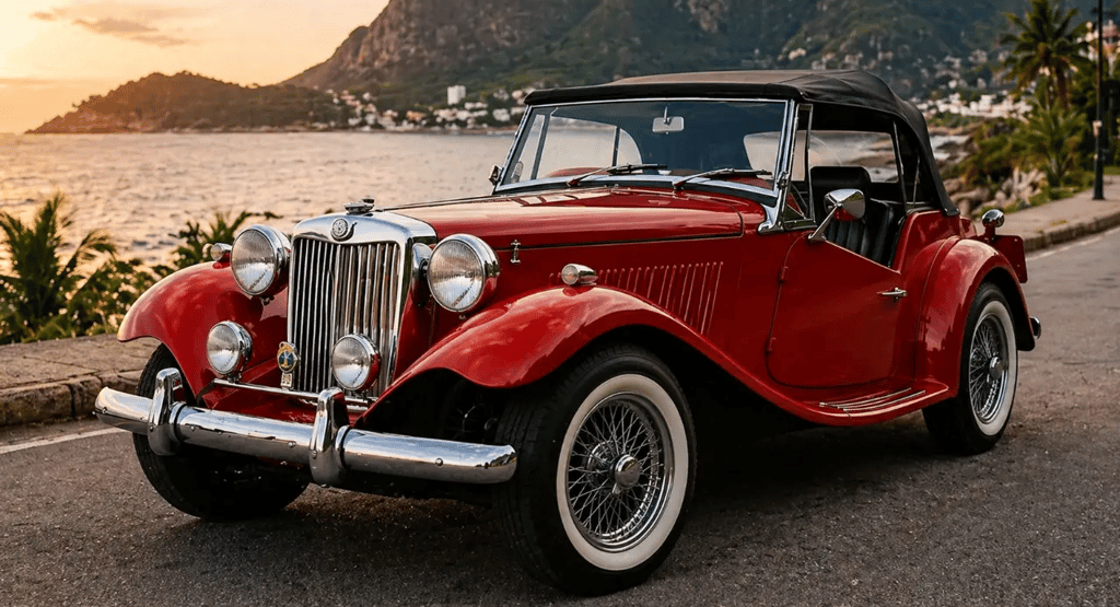 MP Lafer vermelho estacionado à beira-mar com design clássico inspirado em roadster inglês