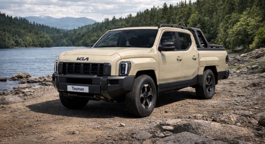 nova picape da Kia Tasman 2026 em cor bege pronta para competir com Toyota e Ford