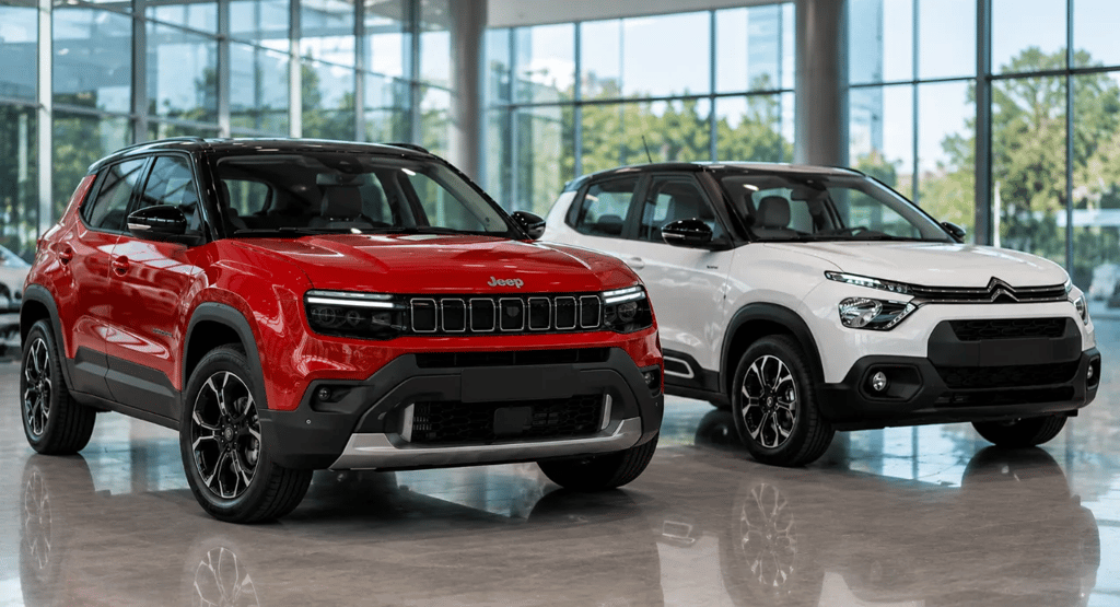 Jeep Avenger vermelho e Citroën C3 branco lado a lado em showroom moderno
