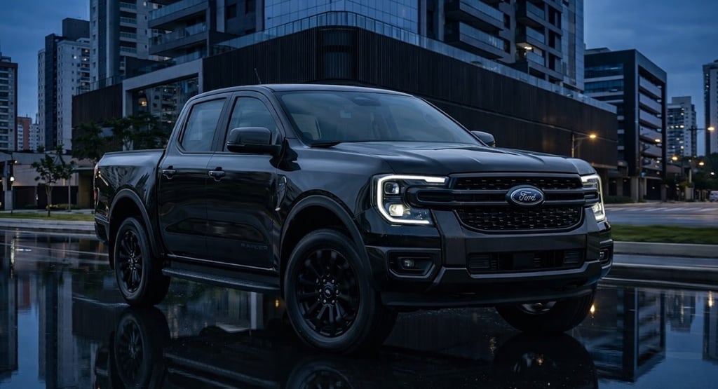 Ford Ranger Black 2026 preta estacionada em rua urbana molhada à noite com prédios modernos ao fundo