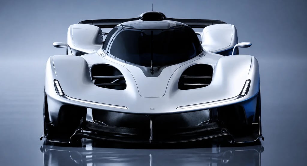 Red Bull RB17 hipercarro visto de frente com design extremo e piso altamente refletivo