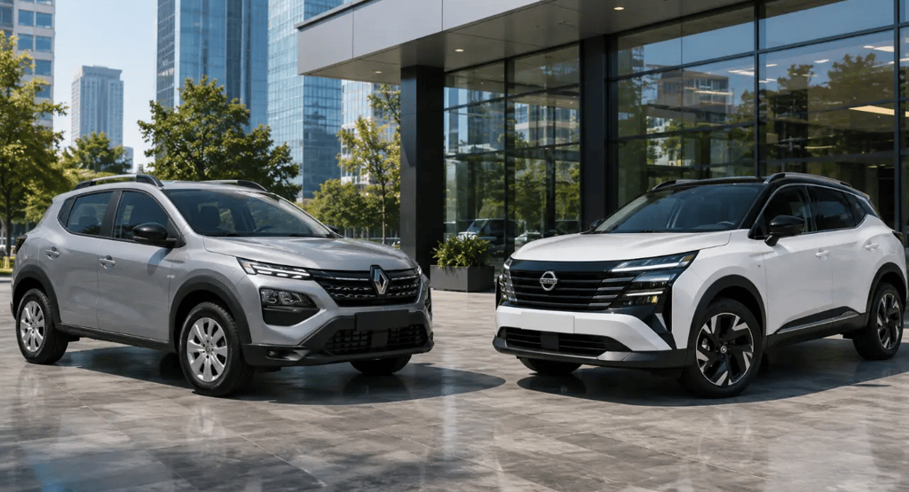 Renault Kardian Authentic prata e Nissan Kicks branco em showroom urbano