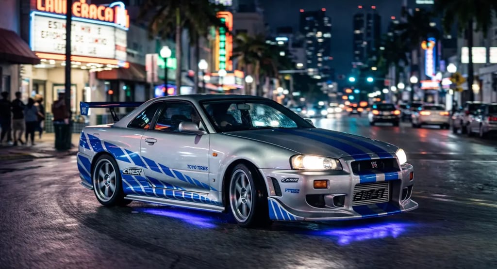 skyline do brian Nissan GT-R R34 em corrida noturna com luzes neon