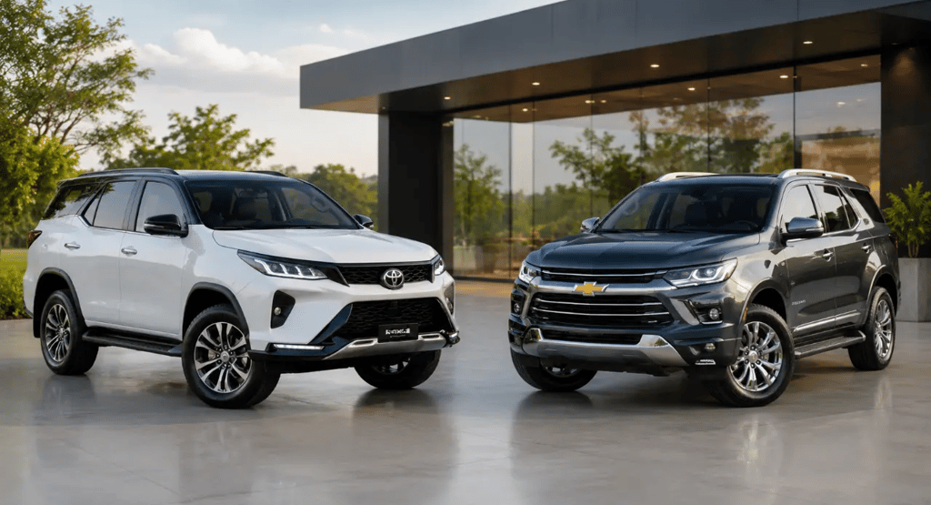 Toyota SW4 e Chevrolet Trailblazer frente a frente em showroom externo moderno