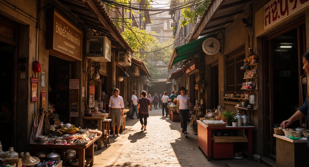 a narrow alleyway with people walking through a city