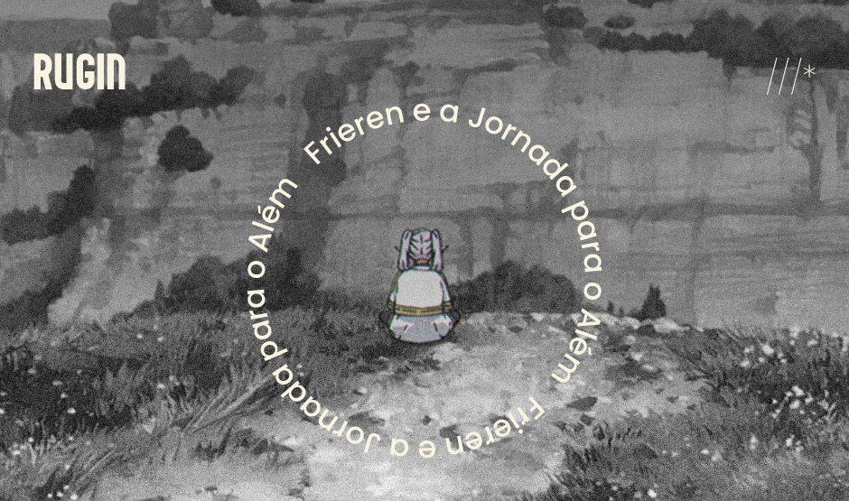 personagem frieren sentada em cima das montanhas. quadro analisando histórias rugin creative studio