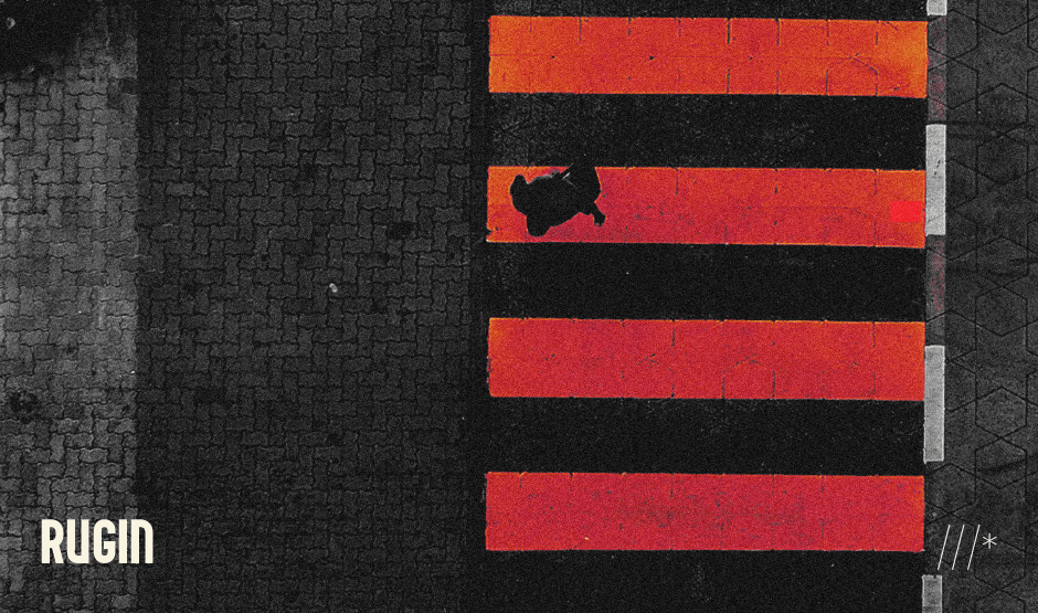 banner rugin creative studio "cultura, visão e missão" pessoa cruzando faixa de pedestre vermelha.