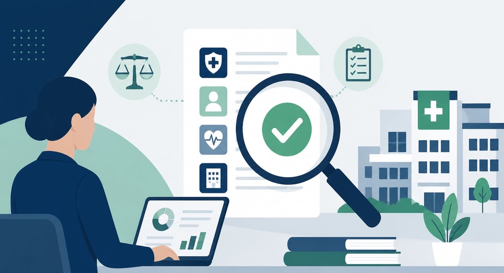 A digital magnifying glass focusing on a healthcare document with a green checkmark, symbolizing cli